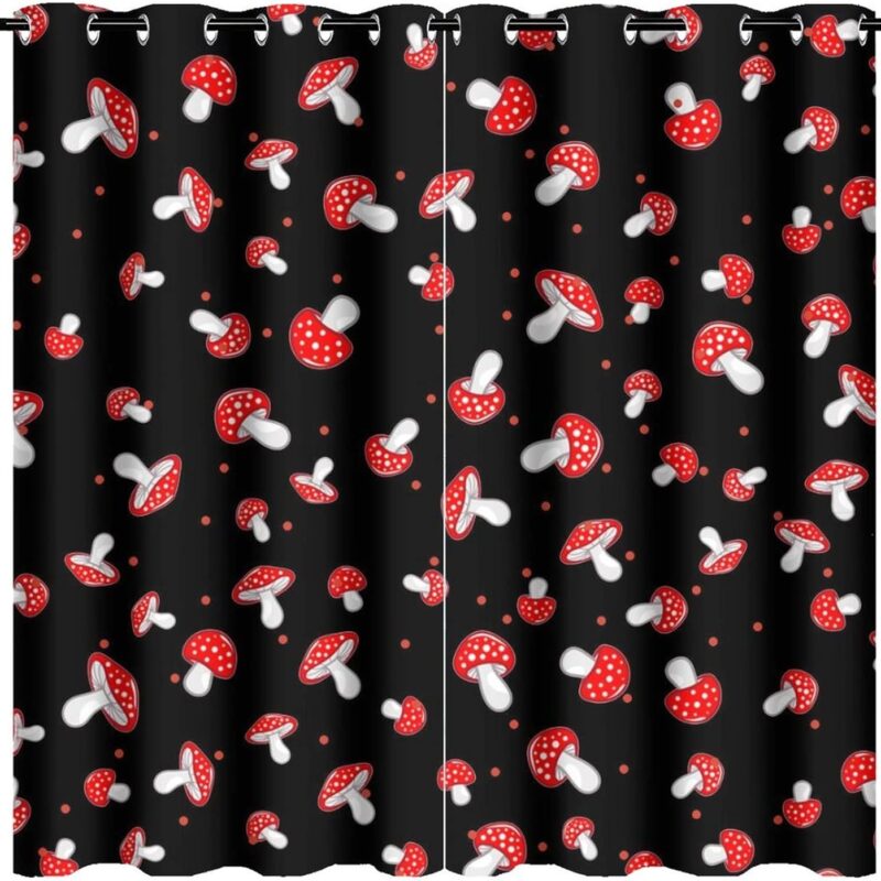 Kids Cute Mushroom Ultra Soft Premier Blackout Curtains,Cartoon Red Mushrooms Shaped Wild PlantThermal Insulated Bedroom Noise Reducing Patio Door Grommet Top,2 Panels 63L x 31.5W