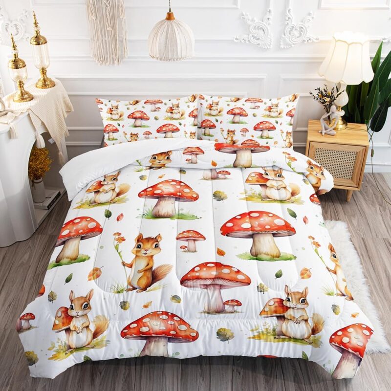Kid Mushroom Squirrel Comforter Set Full 3Pc Lovely Wild Animal Theme Bedding Set All Season with Fallen Leaves,Grass Decoration Includes 1 Comforter, 2 Pillowcases for Kids Girls Teens