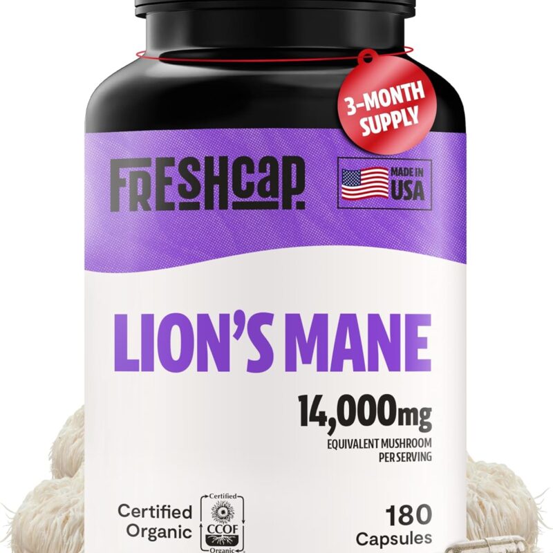 FreshCap Lions Mane Supplement Capsules 14,000mg - Lion's Mane Mushroom Extract for Brain Support, Premium Ayurveda Organic LionsMane Mushroom for Memory, Focus & Clarity (180 Capsules)