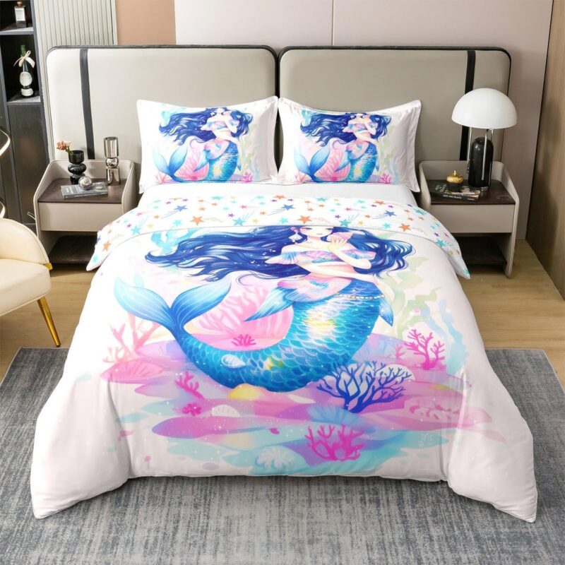 Erosebridal Mermaid Princess 100% Cotton Bedding Set,Dreamy Ocean Life Duvet Cover Queen for Kids Teens Adults,Colorful Coral Bed Set,Oil Art Quilt Cover with 2 Pillow Shams for Bedroom