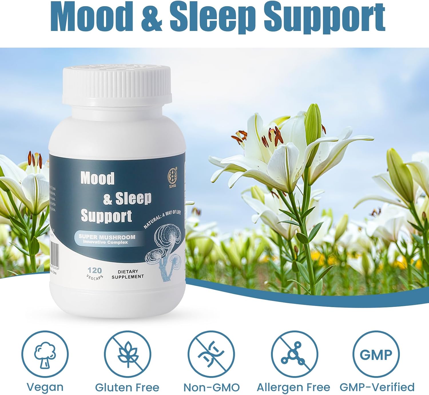 71MncXcjNL._AC_SL1500_.jpg SXG Mood & Sleep Support Supplement, Super Mushroom Powder Capsules for Stress Relief, Sleep Aid, Organic Reishi Mushroom Extract, 120 Vegan Caps (30 Servings) - Image 6
