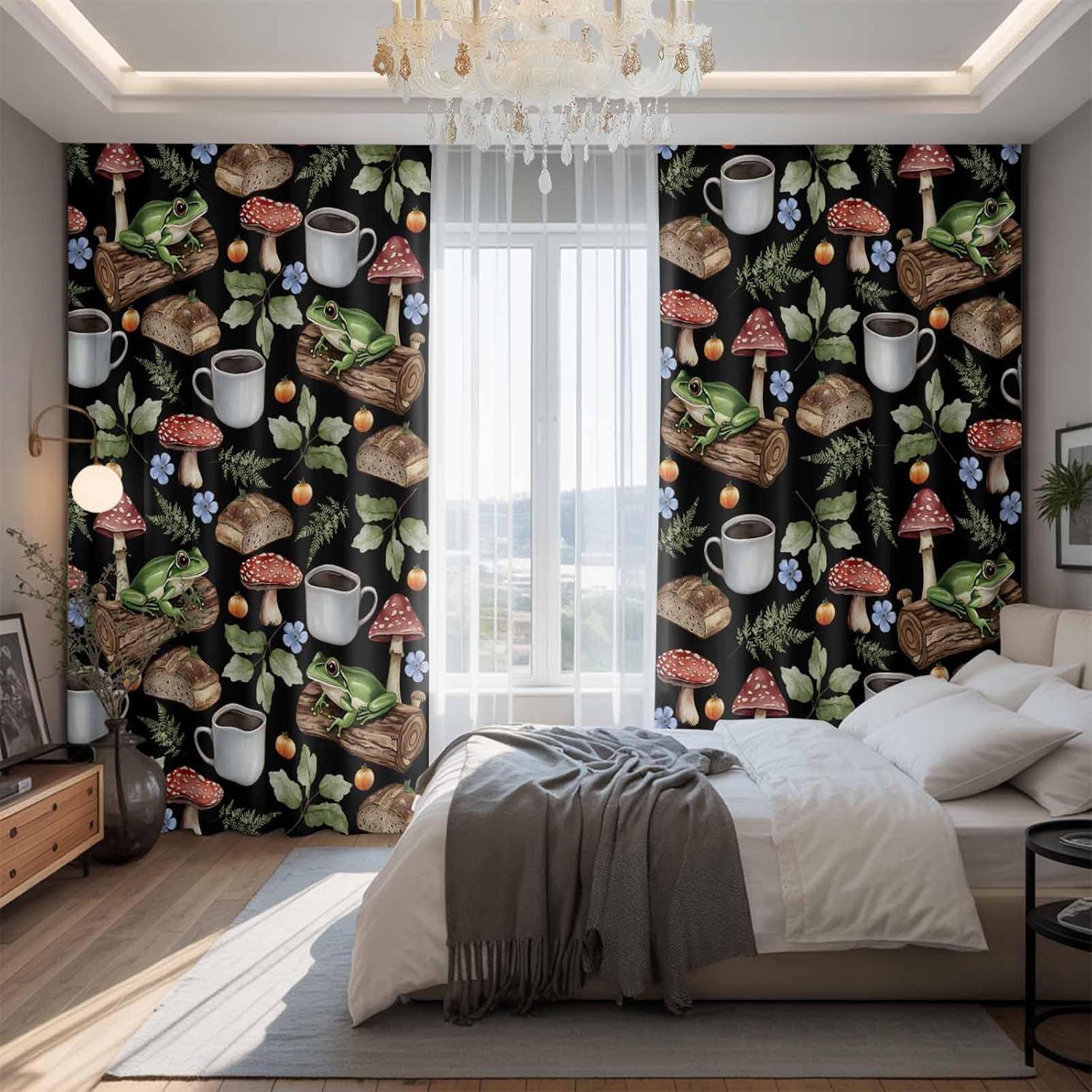 71Mqvp3J-L._AC_SL1500_.jpg Blackout Curtains for Bedroom/Living Room, Frog Mushroom 70 Inch Thermal Black Out Curtains 2 Panels with 16 Hooks, Red Brown Coffee Plant Black Idyllic Room Darkening Curtain, 78"W x 70"L - Image 2
