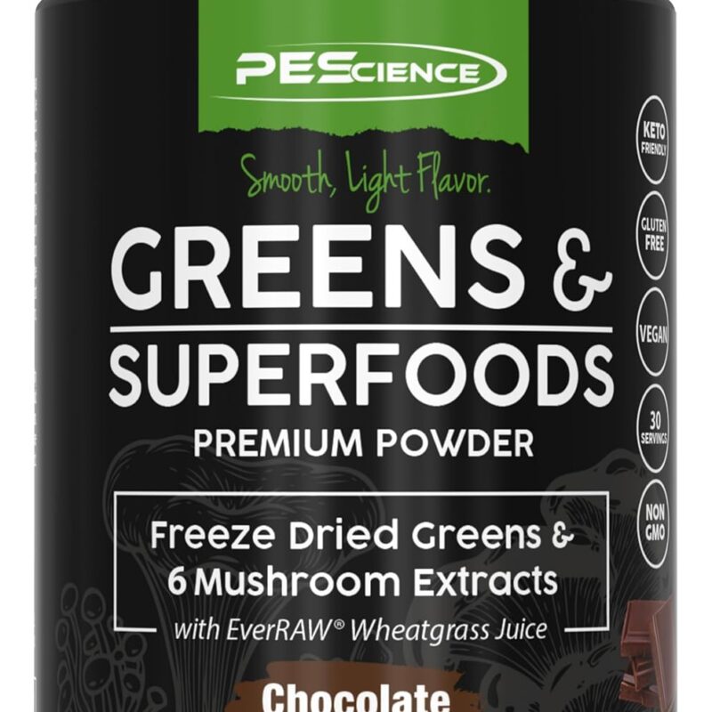 PEScience Greens & Superfoods Powder, Chocolate, 30 Servings, Natural Chlorophyll with Turkey Tail Mushroom & Fruit Extracts Blend