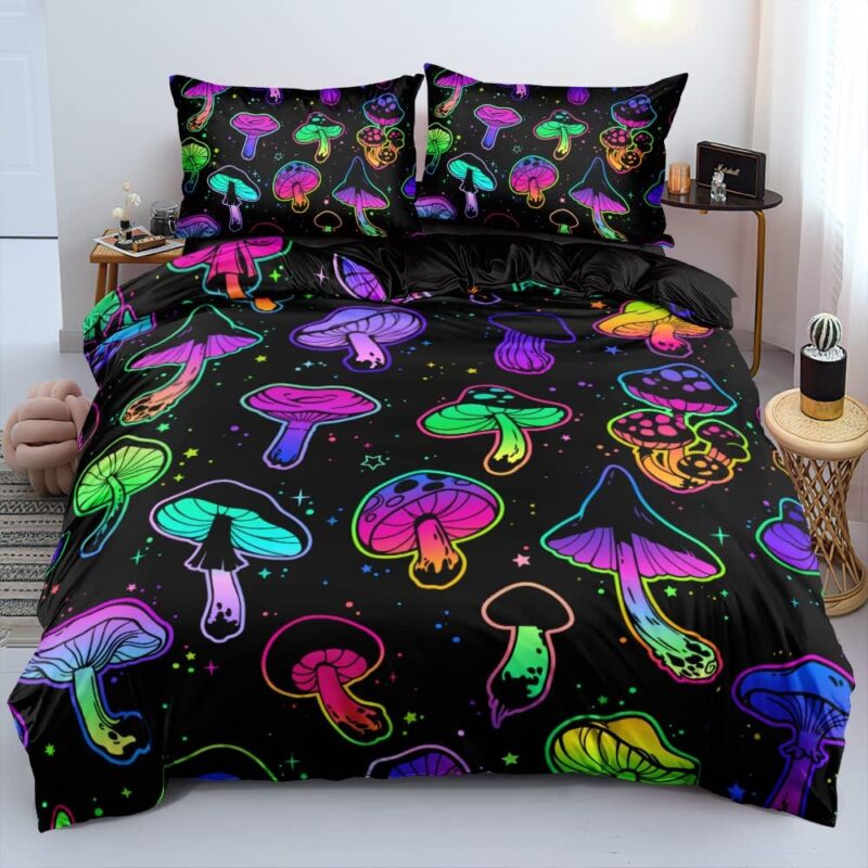 Mushroom Duvet Cover Queen Trippy Comforter Cover Aesthetic Bedding Set Colorful Bed Set Spring Mushroom Bedroom Decor