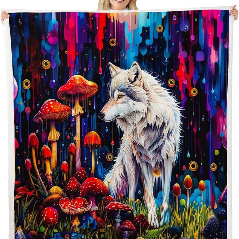 Feelyou Wolf Sherpa Blanket Animals Wolf Head Fleece Throw Blanket for Kids Boys Girls Mushroom Wolf Plush Blanket Wild Animal Wolf Fuzzy Blanket for Sofa Bed Couch 90"x90"