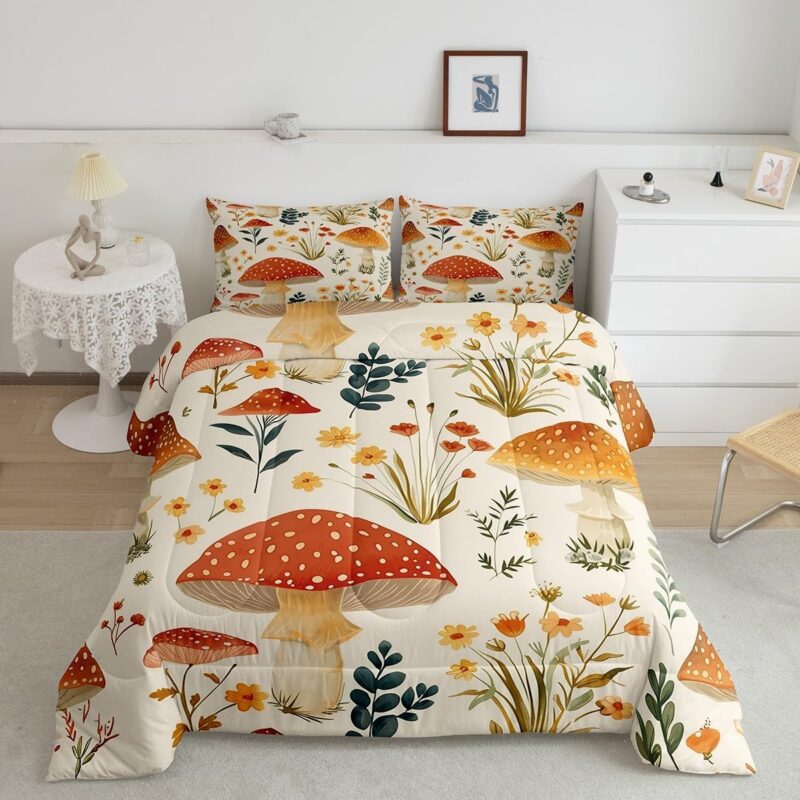 Feelyou Mushroom Bedding Set Natural Wild Fungus Comforter Set for Kids Boys Girls Plant Botanical Boho Comforter Wild Mushroom Bed Set Full Size