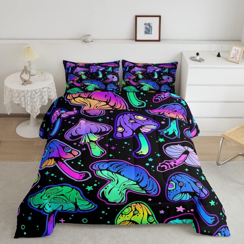 Cute Mushroom Decor Comforter Cartoon Mushrooms Bedding Set Rainbow Blue Purple Kawaii Fungus Comforter Set for Boys Girls Teens Decor Duvet Set Full Size Boys