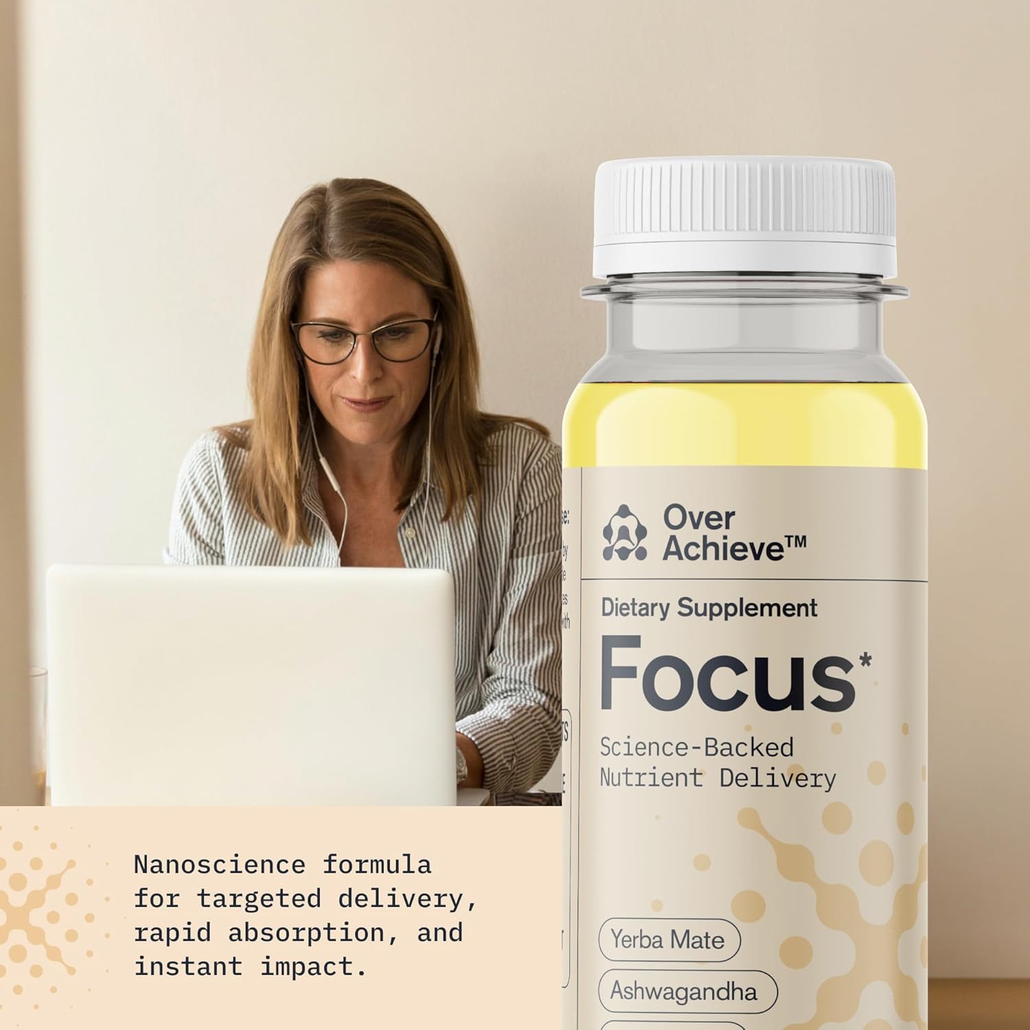 71O0iFfgcSL._AC_SL1500_.jpg Focus Drink for Concentration- Contains Yerba Mate, Ashwagandha and Lions Mane Mushroom with Advanced Nanoscience Technology - 24 Pack Brain Focus Drink, Orange Flavor, 2oz - Image 4
