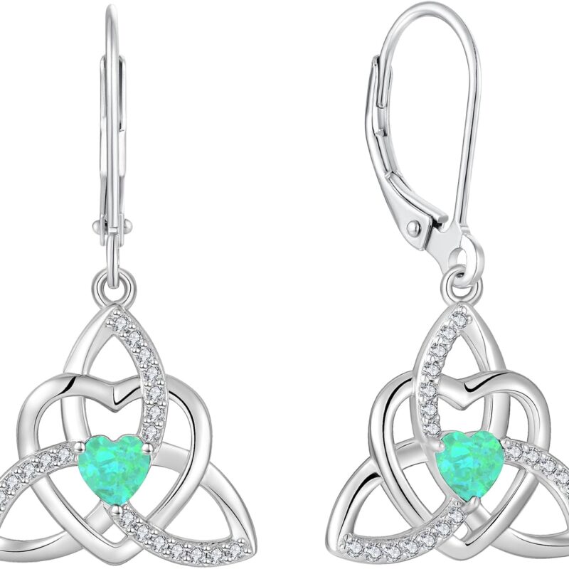 Trinity Knot Earrings Celtic Knot Leverback 925 Sterling Silver Dangle Drop Earring for Women Heart Birthstones Jewelry Gifts