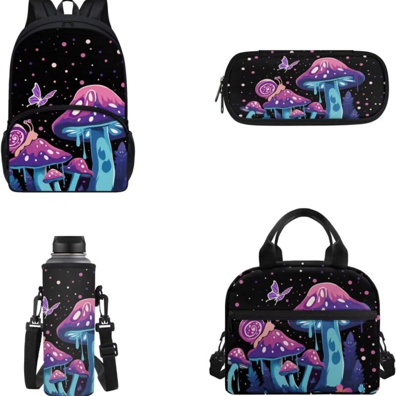 ZDCUSTOMStarry Night Mushroom School Backpack Sets, Boys Girls Schoolbag and Lunch Box Pen Case Water Bottle Carrier 4 Packs for School and Travel