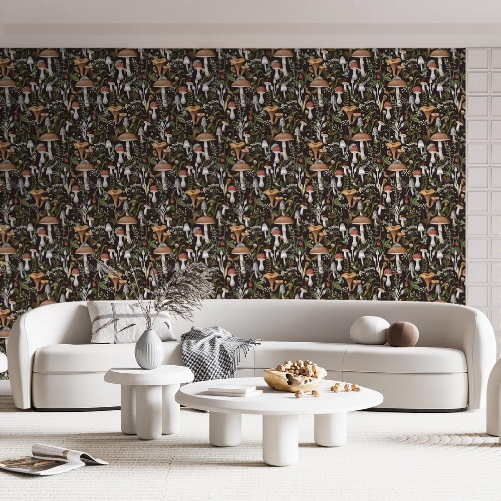 71OEILkrdDL._AC_SL1000_.jpg Black Boho Mushroom Peel & Stick Vintage Floral Self-Adhesive Retro Removable Wallpaper 17.7"X32.8ft - Image 7