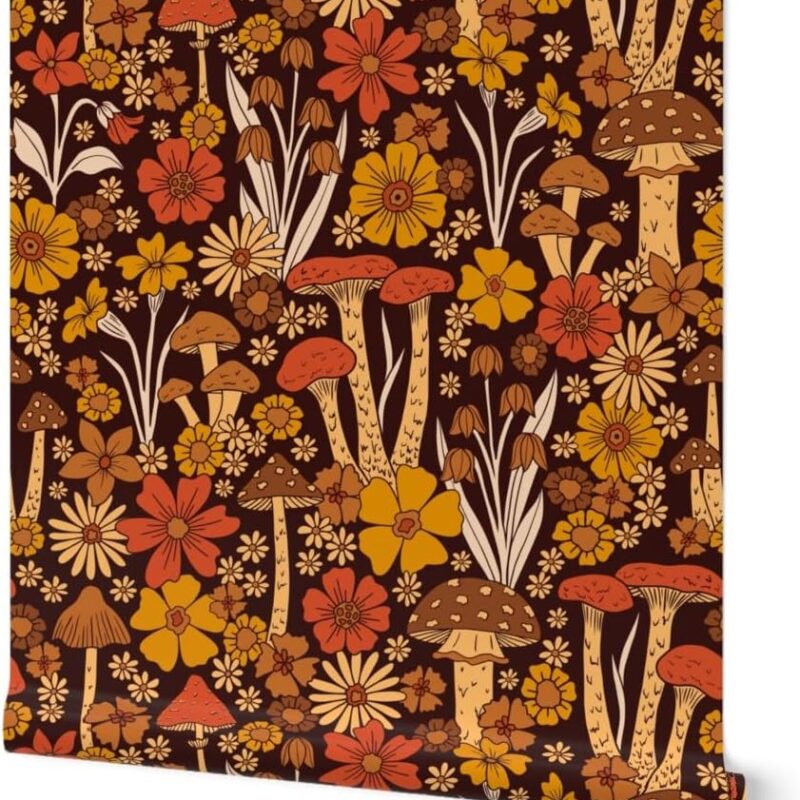 Peel & Stick Wallpaper 12ft x 2ft - Vintage Style Flower,Floral Retro,1970s Hippie,70s Mushroom,Brown Orange Custom Removable Wallpaper by Spoonflower