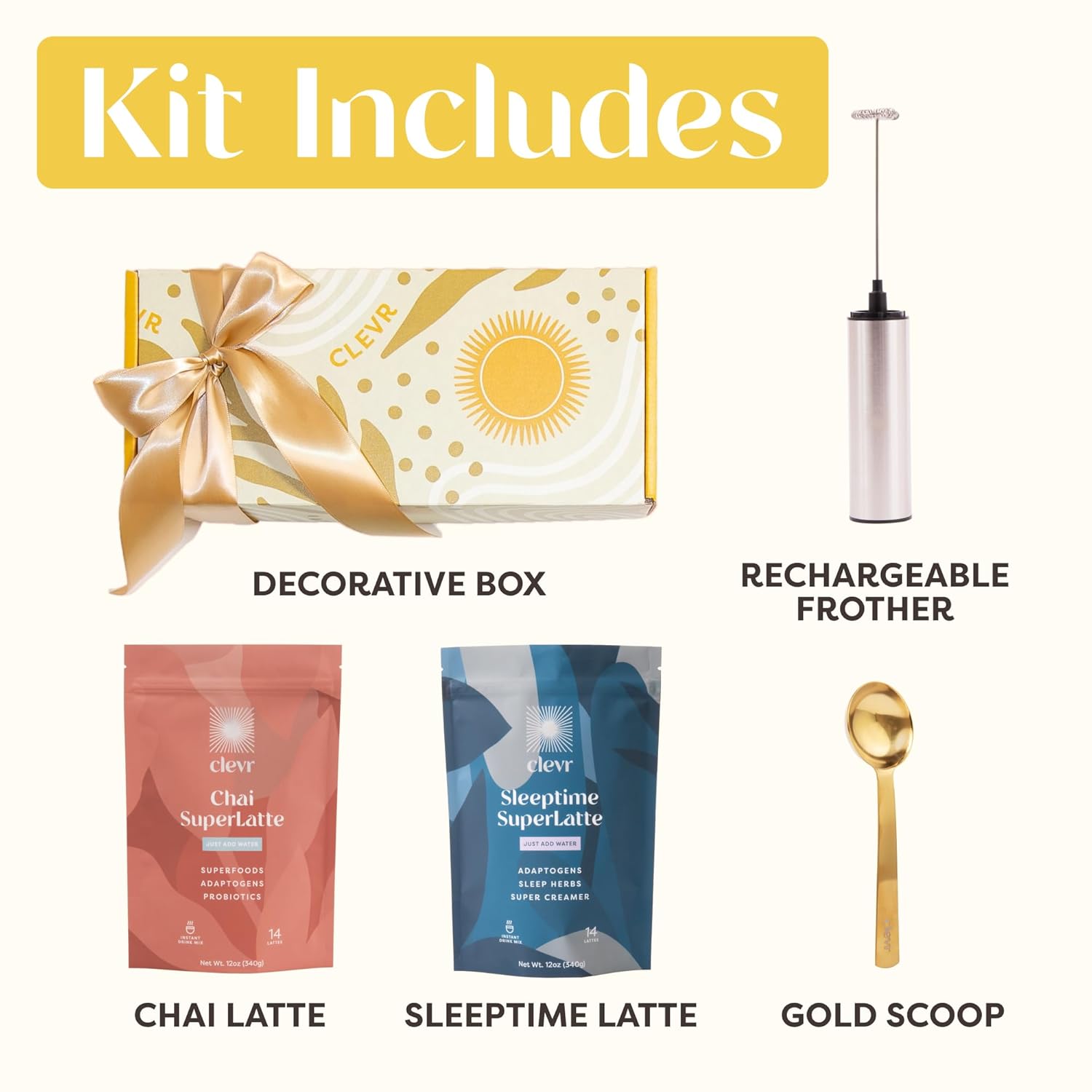 71Ogp1kUe5L._SL1500_.jpg Clevr Blends Starter Kit - Oprah's Favorite Sleeptime and Chai Superlattes - Instant Latte Mixes - Evening Sleeptime Blend For Restful, Deep Sleep - Morning Chai Blend for Energy, Focus - includes Rechargeable Frother and Scoop - Image 5