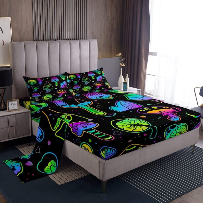 Mushroom Bed Sheets Queen Teal Purple Neon Mushroom Sheet Set Boho Botanical Plants Bedding Set For Kids Girls Teens Women Cartoon Kawaii Wild Plants Fitted Sheet + Flat Sheet + 2 Pillow Cases