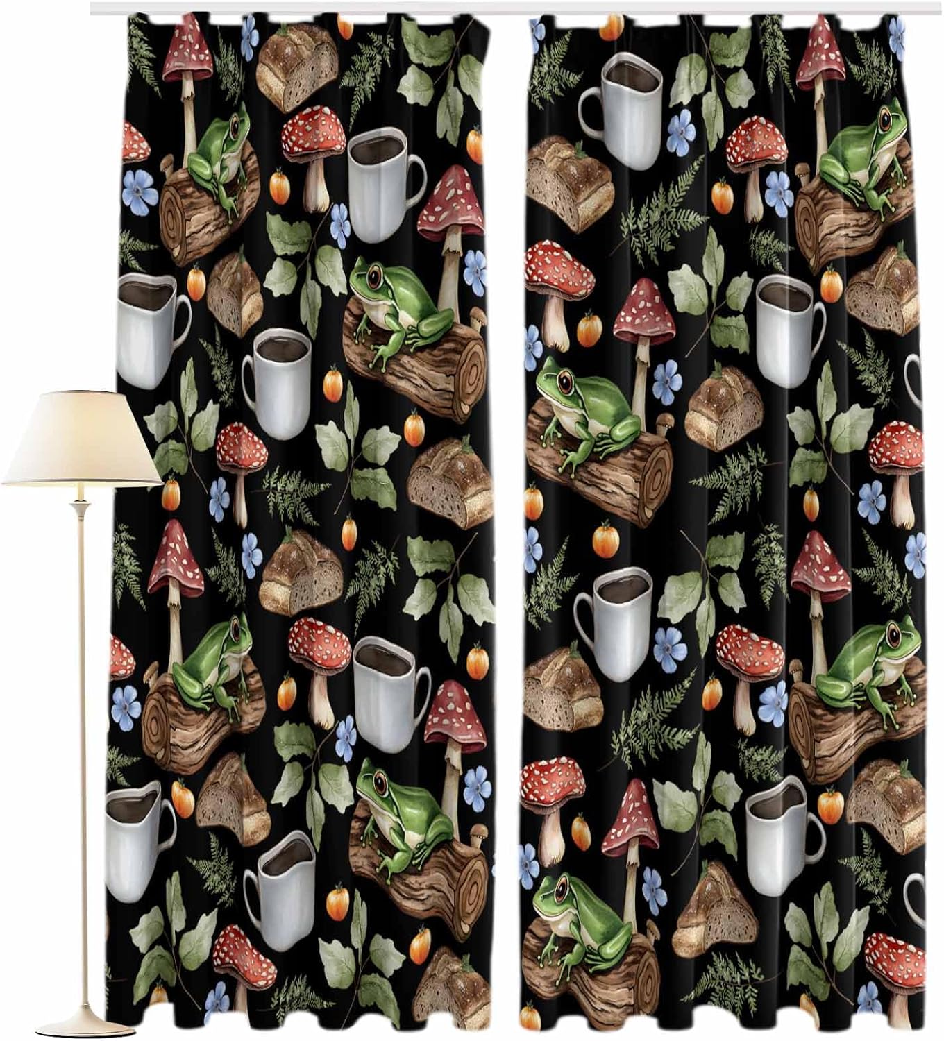 71Ov8s6t5uL._AC_SL1500_.jpg Blackout Curtains for Bedroom/Living Room, Frog Mushroom 70 Inch Thermal Black Out Curtains 2 Panels with 16 Hooks, Red Brown Coffee Plant Black Idyllic Room Darkening Curtain, 78"W x 70"L