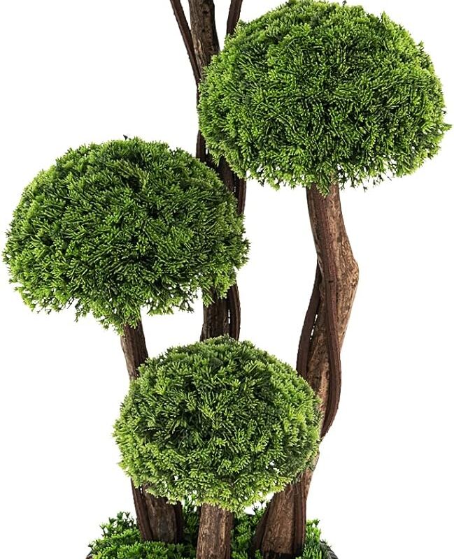 Goplus Artificial Cypress Topiary Ball Tree, 3 Ft Tall Artificial Plant, Indoor/Outdoor Topiary Trees with Golden Cement Pot, Fake Greenery Plants Decorative Trees for Office Home Front Door