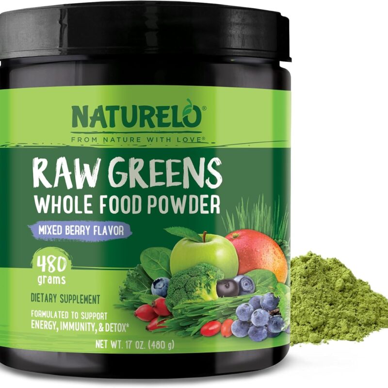 NATURELO Raw Greens Superfood Powder - Mixed Berry - Boost Energy, Detox, Enhance Health - Organic Spirulina - Wheat Grass - Whole Food Nutrition from Fruits & Vegetables - 480 Grams