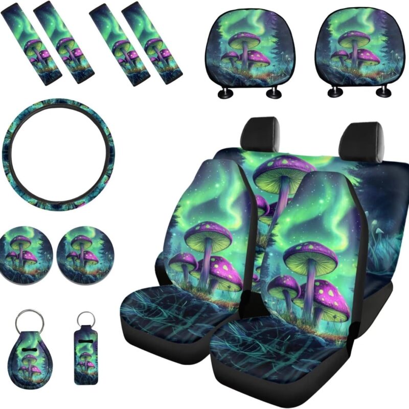 Mushroom Printed 15 Pack Car Interior Accessories Sets, Car Seat Cover Full Set with Steering Wheel Cover Seat Belt Pads Car Headrest Covers Cup Coaster Keychain, Easy to Install