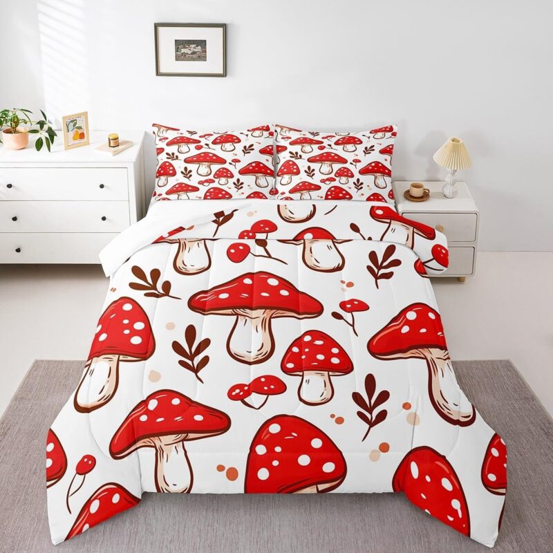 Cute Mushroom Comforter Cartoon Mushrooms Bedding Set for Kids Boys Girls Teens Decor Kawaii Fungus Red White Comforter Set Wild Mushroom Stuff Duvet Set Room Decor Quilt Set Full Size