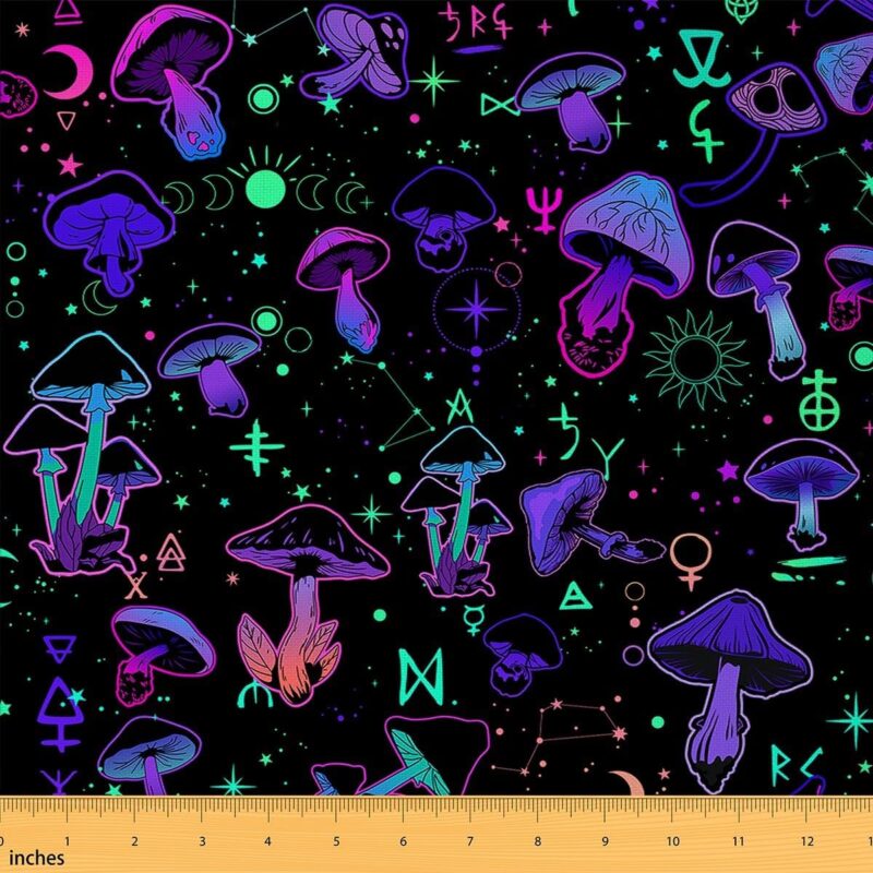 Cartoon Mushroom Fabric by The Yard Neon Light Starry Galaxy Boho Moon for Sewing Lovers Cute Hippie Gradient Plants Decor DIY Upholstery and Home Accents 5 Yards,180" L x 59" W