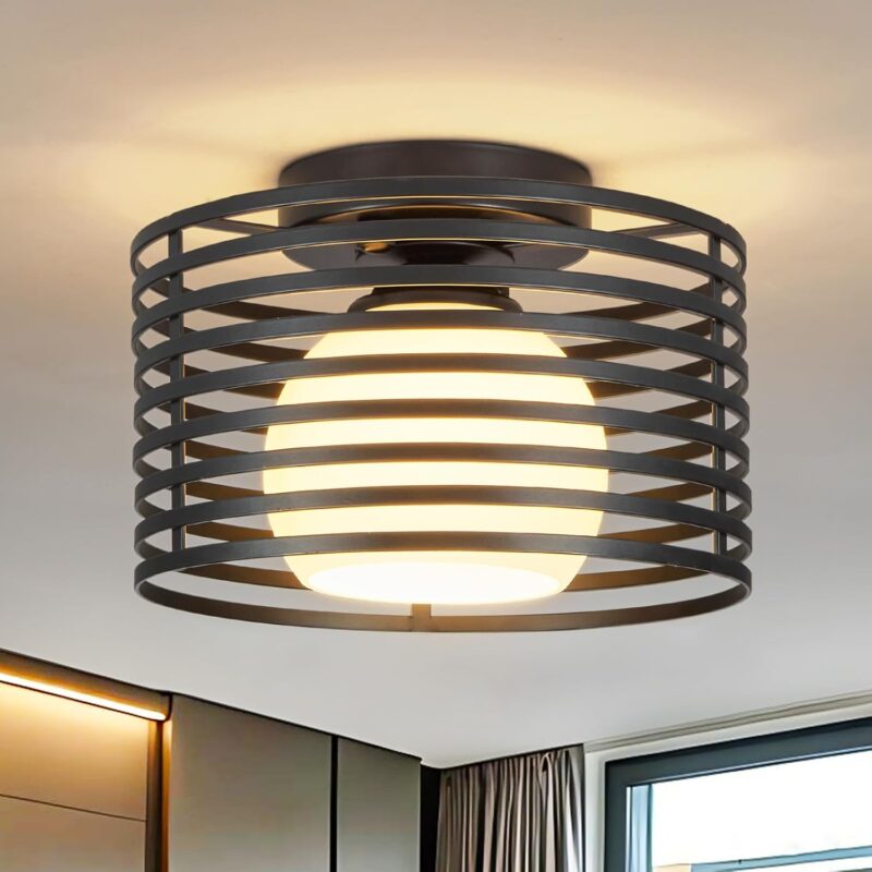 Modern Vintage Mid Century Black Round Semi Flush Mount Ceiling Light Fixture,E26 Single Light Glass Lighting Fixtures for Kitchen Hallway Entryway Hall Bedroom Foyer Laundry Room 9in