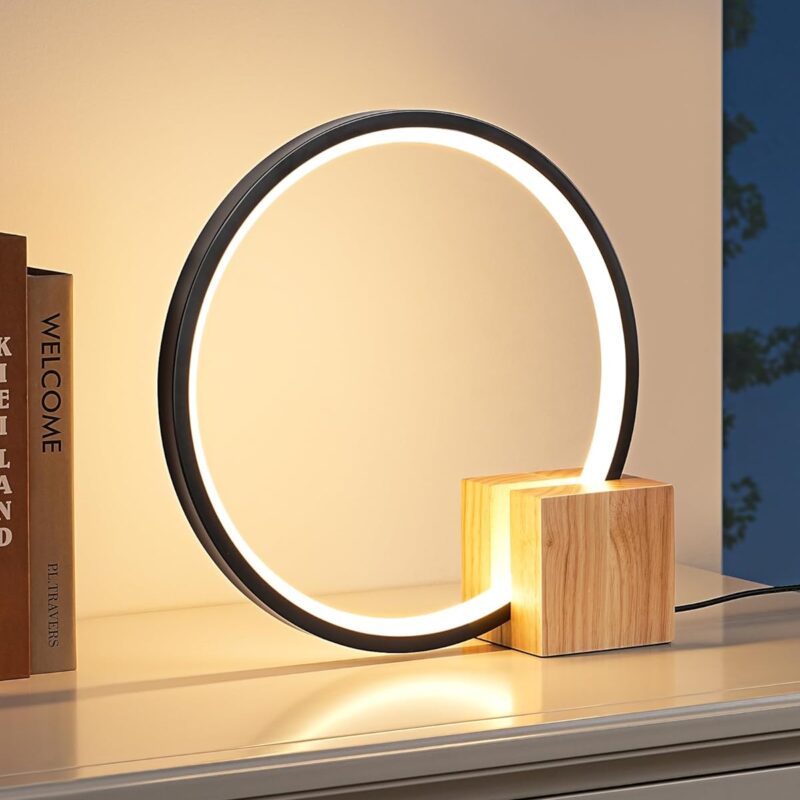EDISHINE Modern LED Table Lamp, Bedside Lamp with One-Piece Solid Wood Base, 3 Color Temperature & Stepless Dimmable, Nightstand Lamp for Bedroom, Living Room, Reading Room 540LM 12W