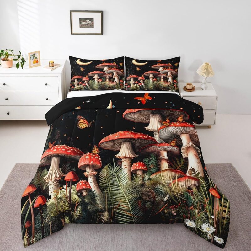 Erosebridal Mushroom Bedding Set Full Size Red Mushroom Comforter Set for Girls Boys Kids,Nature Wildlife Butterfly Bedding Set Kawaii Room Decor,Colorful Fungi Plants Botanical Bed Set 3Pcs