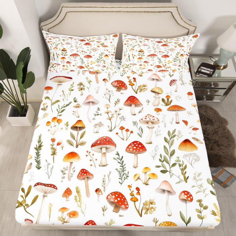 Erosebridal Kids Mushroom Fitted Sheet Queen Size,Kawaii Mushroom Bedding Set for Girls Boys Room Decor,Green Leaf Plant Botanical Bed Set Nature Theme Bed Sheets 3Pcs (No Flat Sheet)