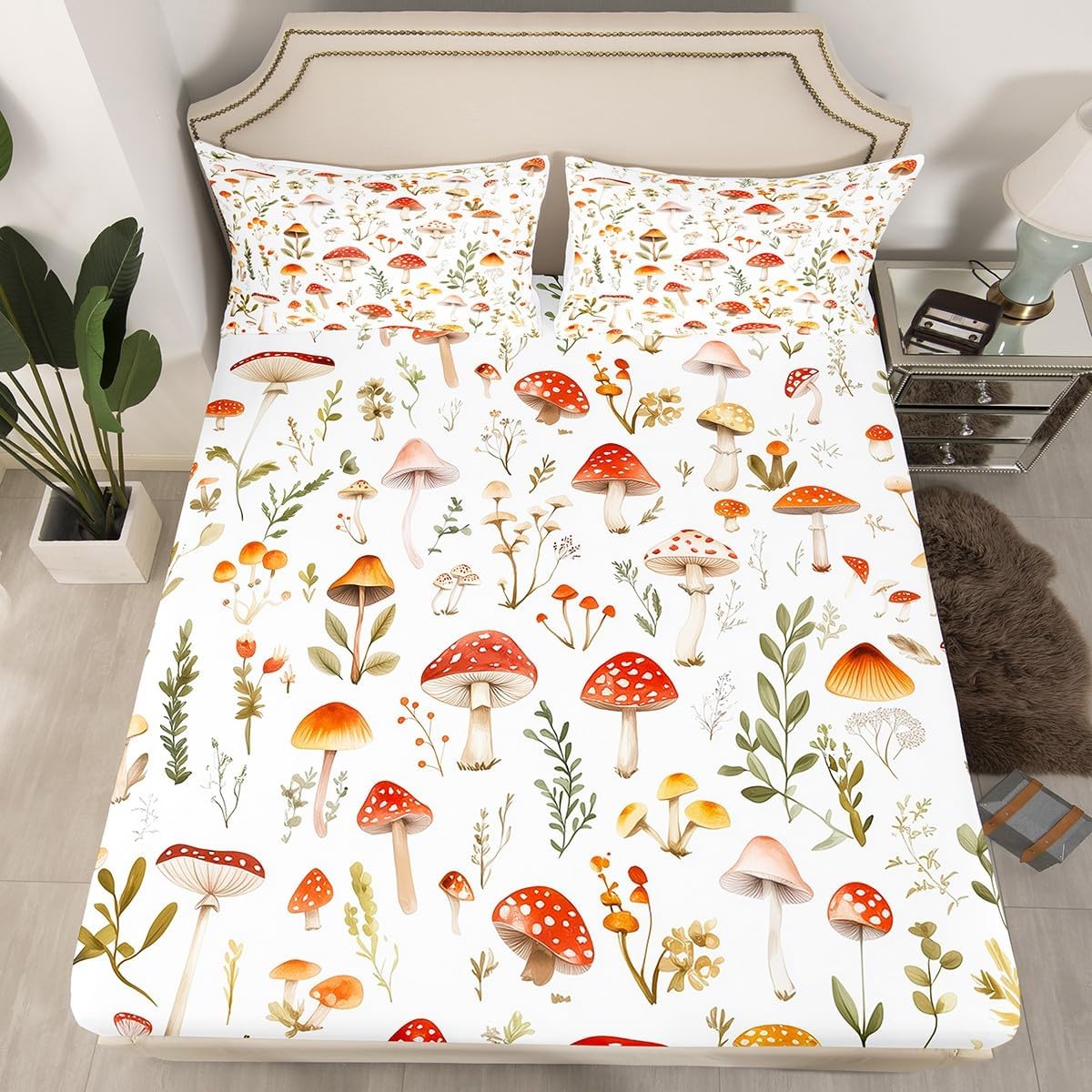 71S7nQ7wJhL._AC_SL1200_.jpg Erosebridal Kids Mushroom Fitted Sheet Queen Size,Kawaii Mushroom Bedding Set for Girls Boys Room Decor,Green Leaf Plant Botanical Bed Set Nature Theme Bed Sheets 3Pcs (No Flat Sheet)