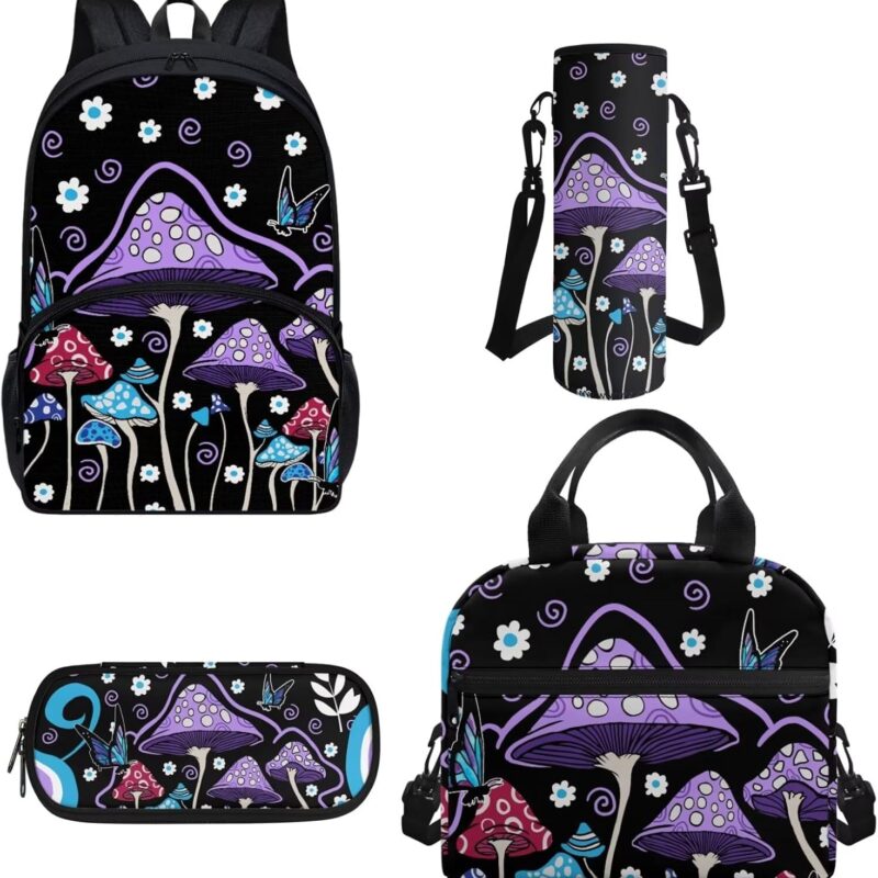 Mushroom Backpack 4 Pcs Purple Mushroom Hippie Flower School Bag Set with Lunch Box Water Bottle Bag Pencil Case Durable Casual Travel Ruckpack for Boys Girls Kids Teens