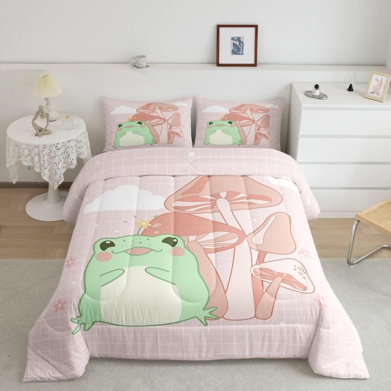 Green Frog Comforter Set Queen Size Cartoon Mushroom Bedding Set for Kids Boys Girls Bedroom Decoration Pink Plaid Background Bed Duvet Insert Cute Animals Comforter with 2 Pillowcase