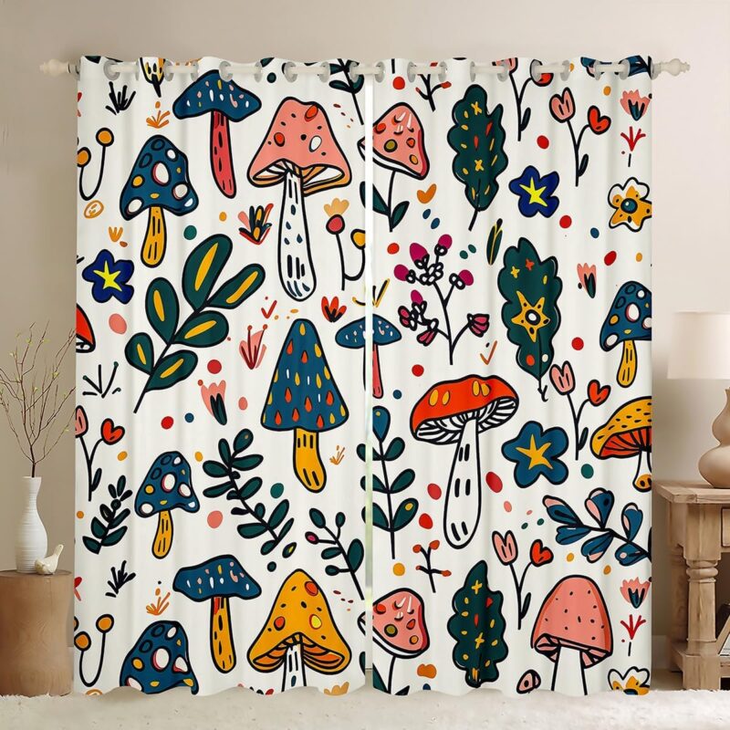 Erosebridal Cartoon Mushroom Window Treatments Drapes for Bedroom for Kids Boys Girls Room Decor,Cute Mushroom 30%-50% Blackout Curtains 2 Panels,52X84 Inch,Hand Drawn Style Curtain