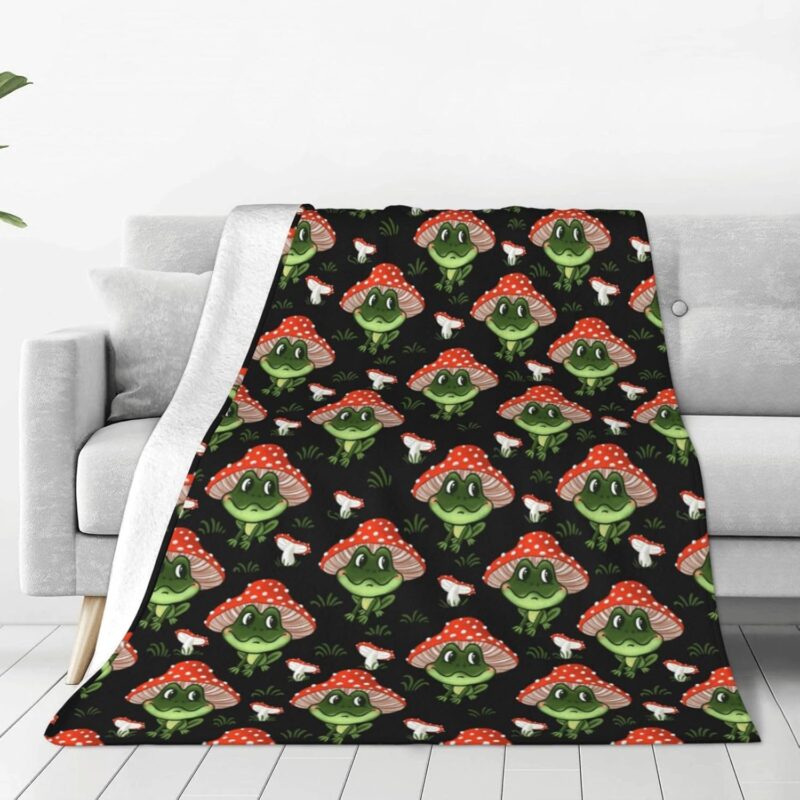 Frogs in Mushroom Hats for Fleece Throw Blanket 80"X60" Reversible Plush Fluffy Lattice Flannel Blankets for Sofa Couch Bed