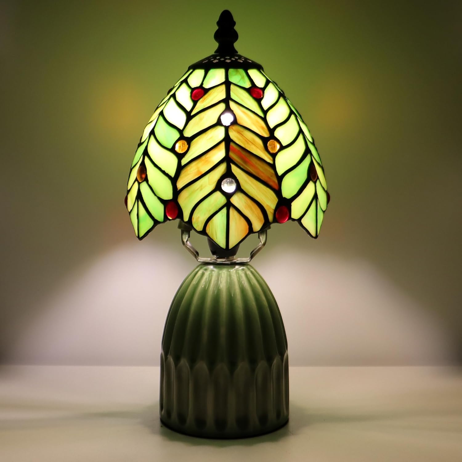 71TITJu1ahL._AC_SL1500_.jpg Small Tiffany Mushroom Table Lamp Stained Glass Desk Lamp Ceramic Base Antique Accent Lamp 6X6X12.5 Inch(Brown Green Coconut Leaves) - Image 6