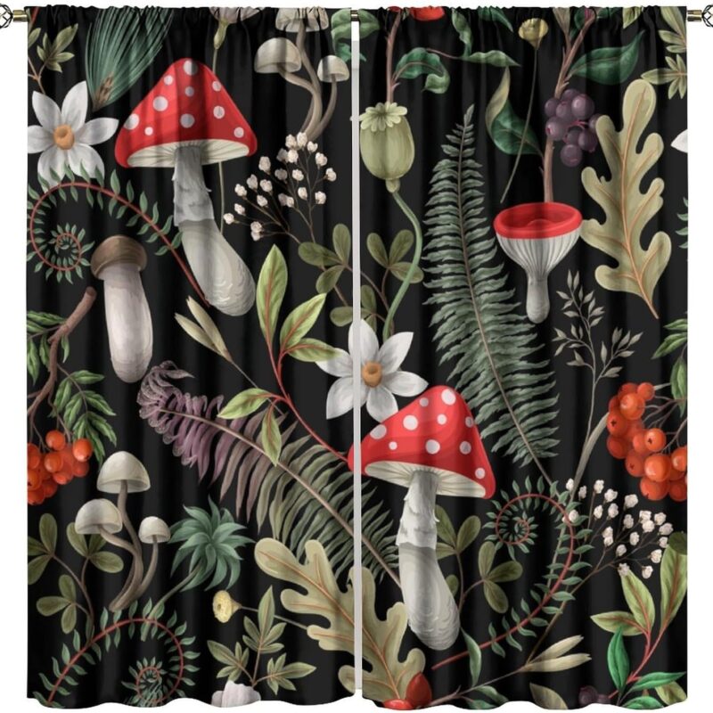 Mushroom Blackout Curtains Vintage Rustic Plant Red Mushrooms White Flowers Grenn Leaves Forest Art Print for Kids Girls Boys Bedroom Living Room Decor Rod Pocket Window Drape 84x84in