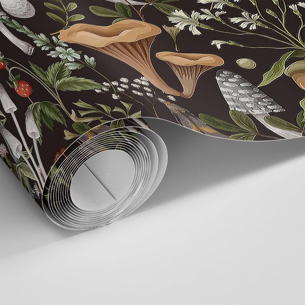 71TiZZT3gGL._AC_SL1000_.jpg Black Boho Mushroom Peel & Stick Vintage Floral Self-Adhesive Retro Removable Wallpaper 17.7"X32.8ft - Image 8