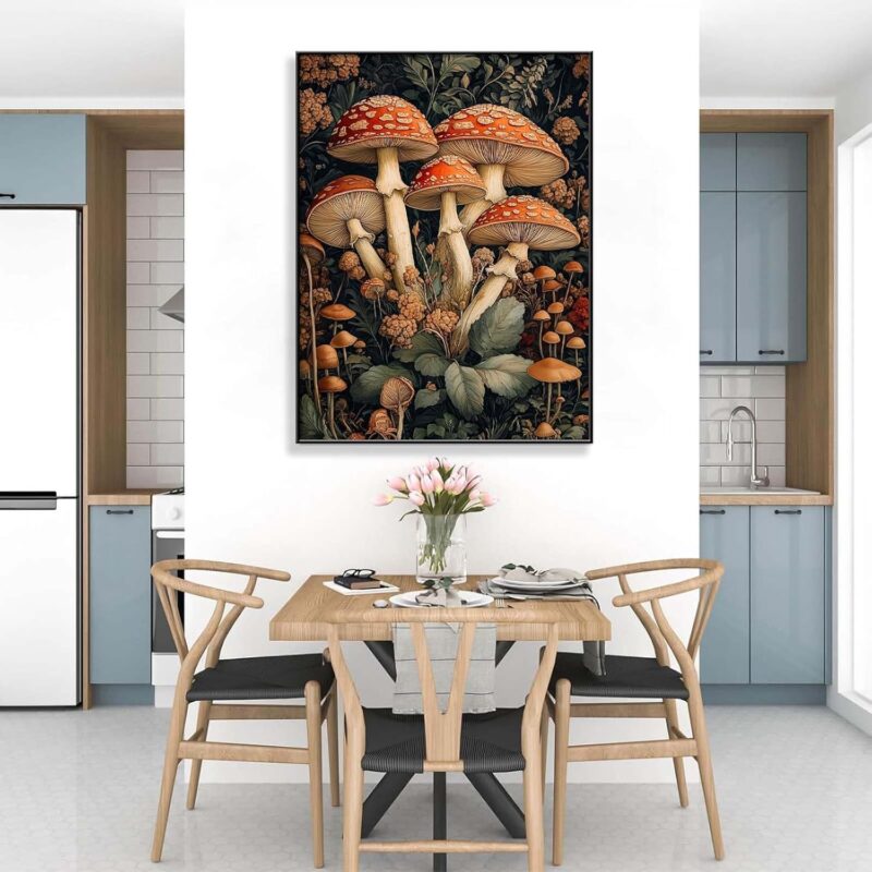 Vintage Mushroom Canvas Wall Art, Mushroom Art Print, Plant Pictures Wall Art, Dark Academia Painting, Gothic Wall Decor, Farmhouse Wall Decor Living Room (Black Framed, 19" Wx27 H/50x70cm)