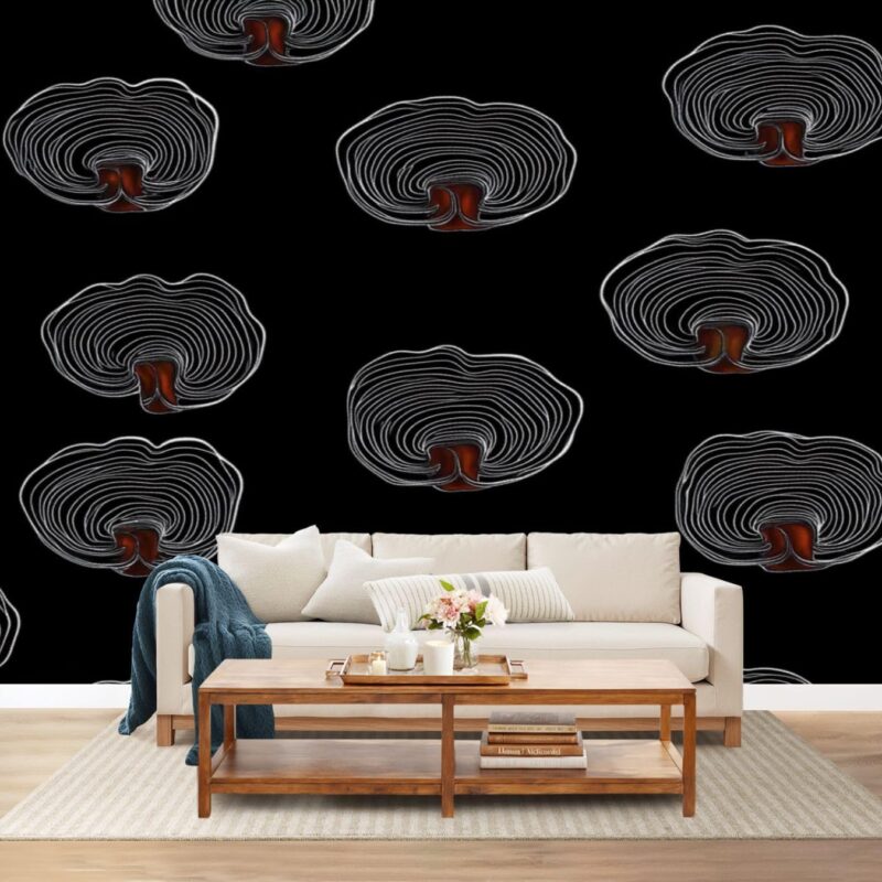 Wall Mural Lacquered Tinder Mushroom Lacquered Seamless Pattern Black Self-Adhesive Peel & Stick Wallpaper Removable Canvas Wall Sticker Decor for Bedroom Living Room Bathroom 100"x144"