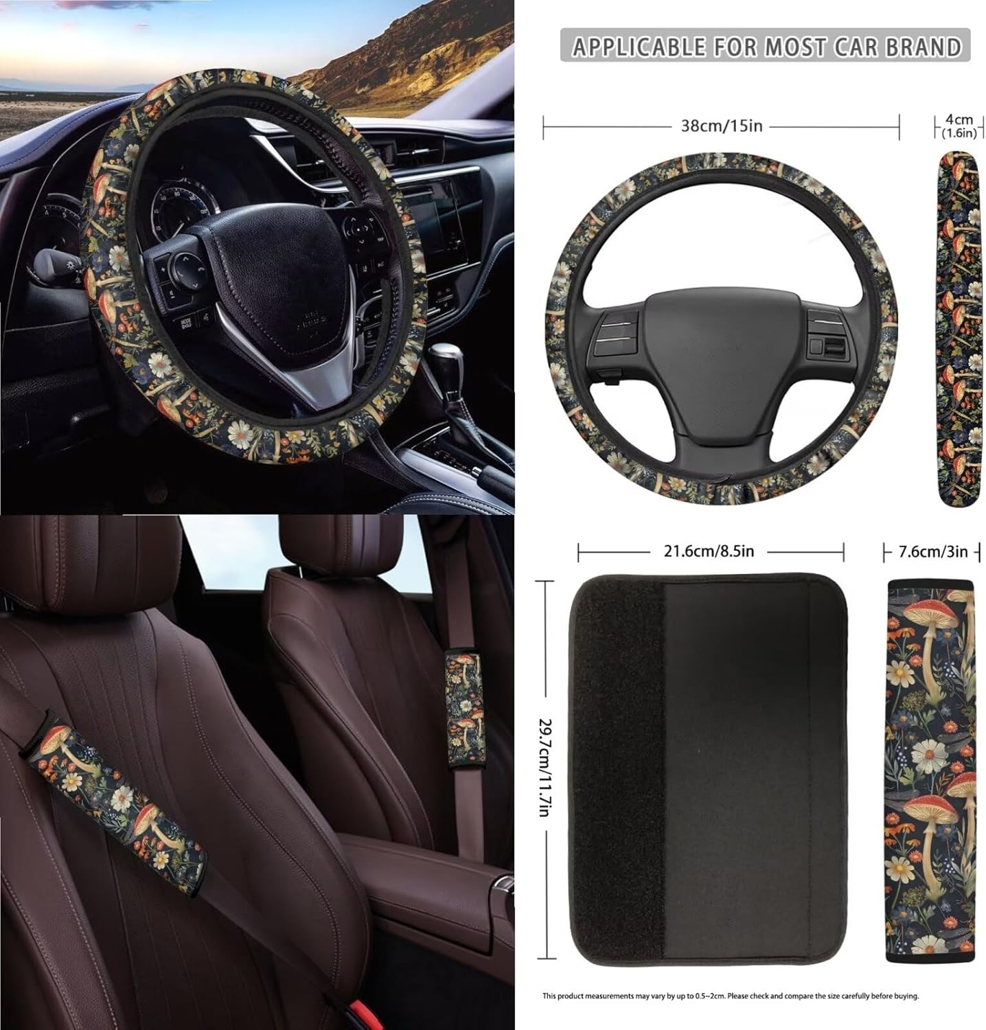 71V3DGvBnML._AC_SL1500_.jpg Dragonfly Mushroom Daisy 15Pcs Car Seat Cover Sets Car Steering Wheel Cover Seat Belt Cover Trash Bin Air Vent Storage Box Front Rear View Mirror Car Cup Holder Keychain - Image 3