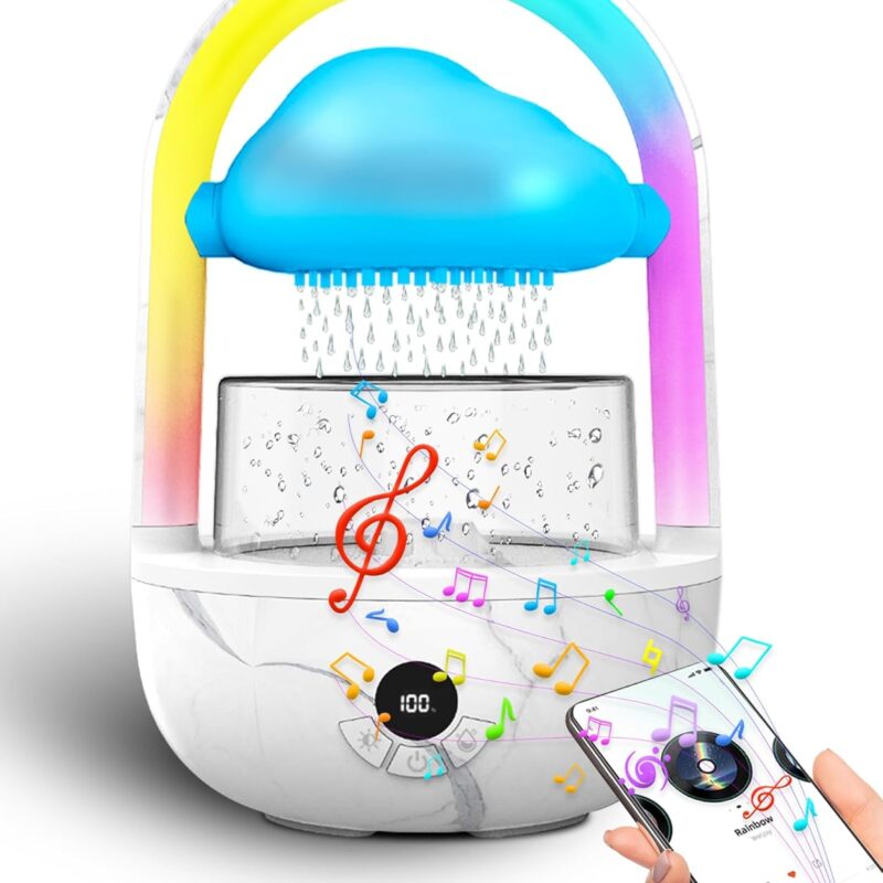 Rainbow Rain Cloud Tabletop Water Fountain Zen Relaxation Sounds Night Light White Noise Aromatherapy Essential Oil Diffuser Mushroom Humidifier Water Drip with Running Lights Raining with Music Sync