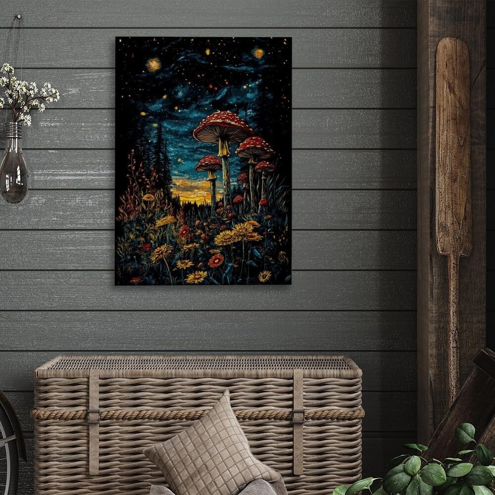 71VGkJlgMTL._AC_SL1000_.jpg Mushrooms and Wildflowers Gothic Dark Starry Sky Poster Canvas Print Retro Abstract Artwork Aesthetic Home Decor for Living Room Home Office Bedroom Wall Art Decor Framed20x30inch - Image 4