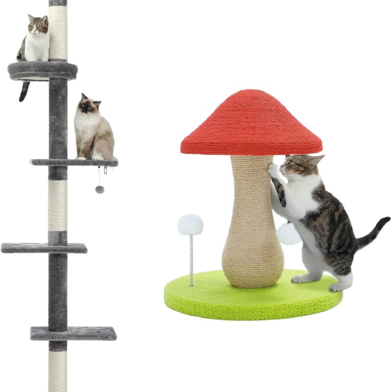 PETEPELA Cat Tower 5-Tier Floor to Ceiling Cat Tree + Mushroom Cat Scratching Post