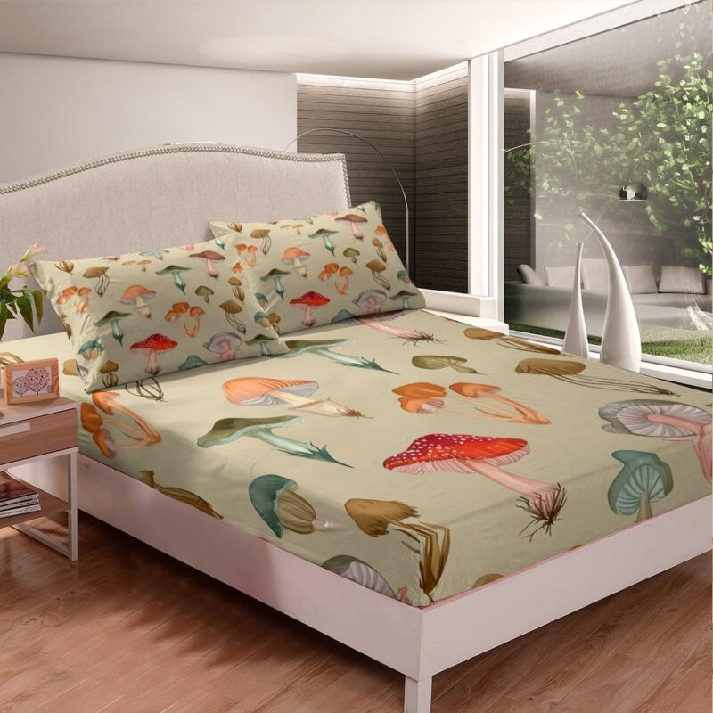 Mushroom Bed Sheets Set Wild Mushroom Stuff Sheet Set for Kids Boys Girls Teens Room Decor Retro Fungus Sheets with Deep Pocket Fitted Sheet Wild Botanical Bedding Set 4Pcs Queen Size