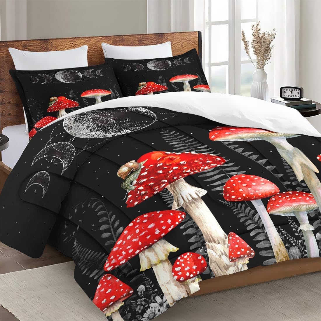 71VUoMwWqqL._AC_SL1100_.jpg Queen Size Comforter Set with 2 Pillowcases, Mushroom Wildflower Dandelion 3 Pcs Bedding for Kids and Adults, Flower Summer Moon Phases Soft Comforter Set for Bedroom Bed Decor - Image 3