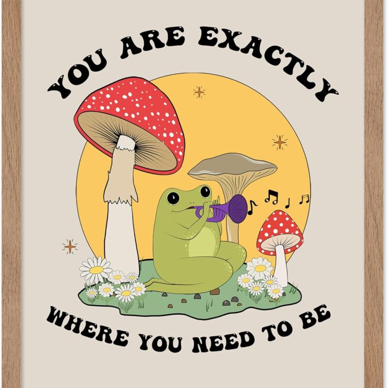 Poster Master You Are Exactly Where You Need To Be Poster - Retro Frog Print - Music Art - Mushroom Art - Positive Quote Art - Preppy Art - Trendy Art - Dorm or Bedroom Decor, 16x20 Beige Framed