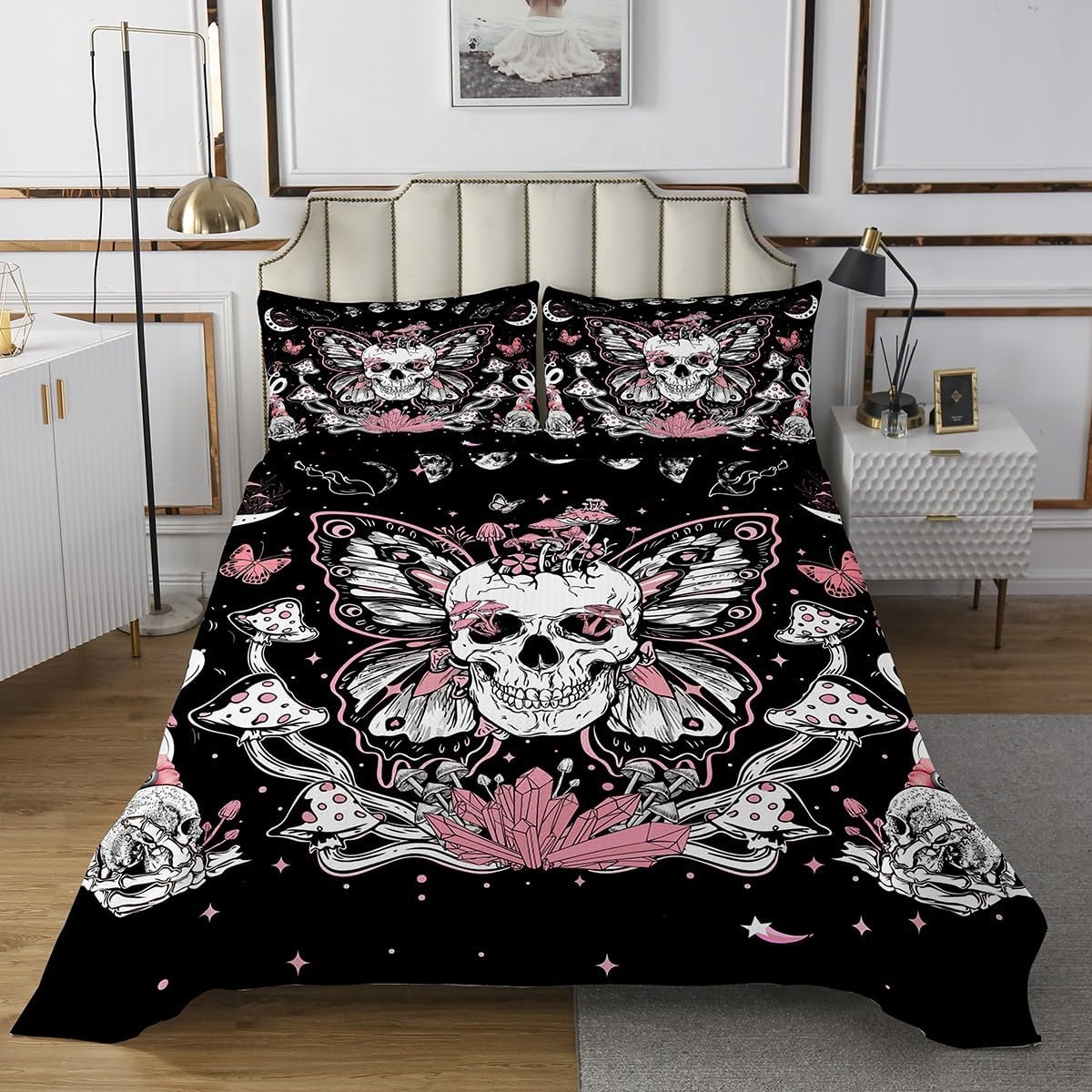 71VzIrGNU5L._AC_SL1200_.jpg Erosebridal Gothic Skull Bedspread Set King for King Bed Hippie Butterfly Quilt Set for Girls, Trippy Mushroom Coverlet Set Black White Pink Bedding Set, Horror Death Skeleton Bed Cover Breathable - Image 2