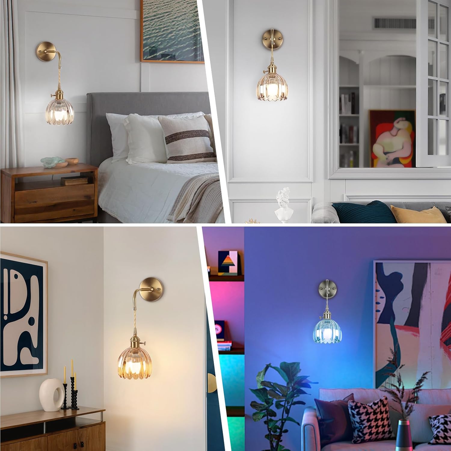 71WELKfjrPL._AC_SL1500_.jpg Vintage Battery Operated Wall Sconces Sets Of Two,Indoor not Hardwired Amber Tulip Glass Lampshade Fixtures,Rechargeable Wireless RGB Wall Lights with Dimmable Remote Control,for Bedroom Living Room - Image 8