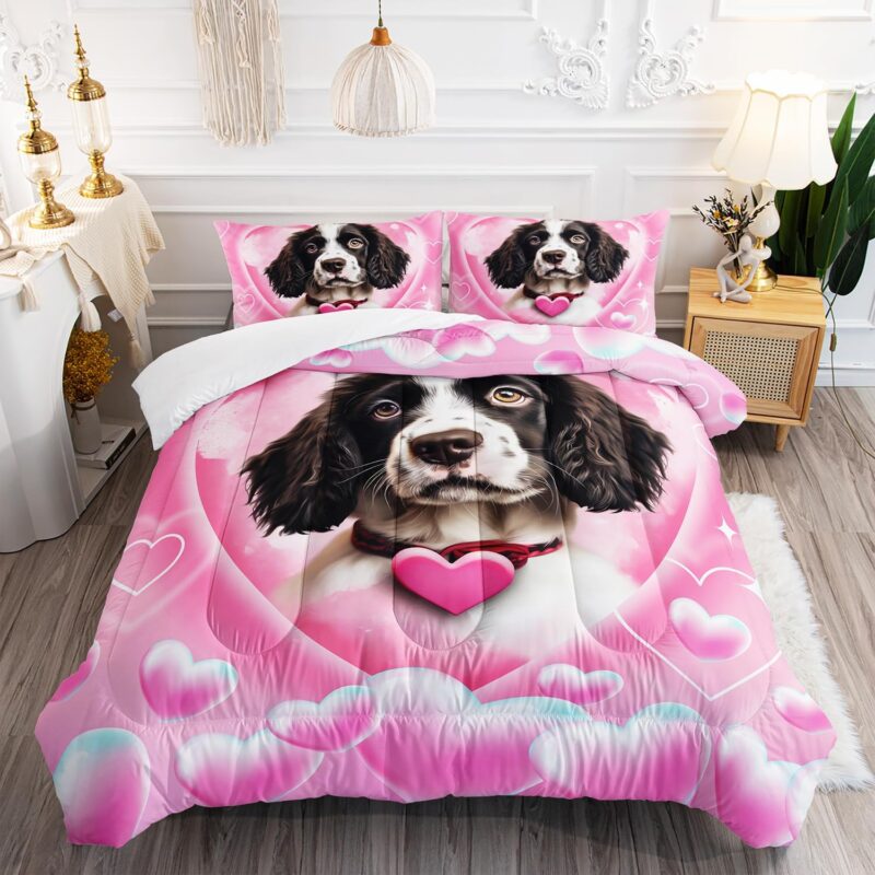 Kawaii Cartoon Dog Animal Themed Comforter 3Pcs Twin Cute Springer Spaniel Dog Love Pattern Bedding Set for Kid Teen Girl Boy Adult Room Decor Pet Dog Quilt with 1 Comforter and 2 Pillowcases