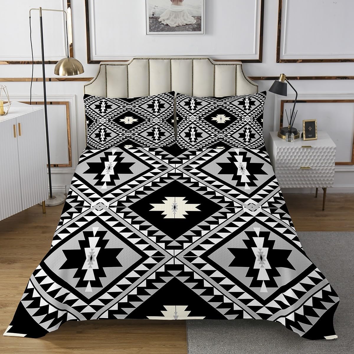 71Wl2K51h8L._AC_SL1200_.jpg Erosebridal Rustic Western King Bedspread Set for Men,Southwestern Aztec Quilt Set Kids Boys Bohemian Coverlet Set Ethnic Boho Geometric Diamond Bedding Set Black White Grey Farmhouse Decor - Image 2
