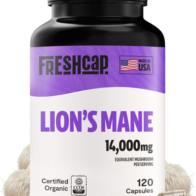 FreshCap Mushrooms Lions Mane Supplement Capsules 14,000mg - Lion's Mane, High Potency Extract, 14:1 Organic Mushroom Supplement, Ayurveda Focus Made in USA (120 Capsules)